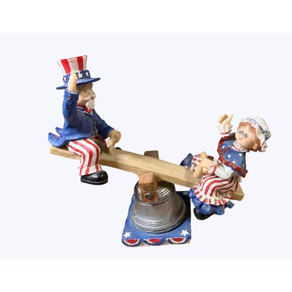 Patriotic Uncle Sam and Lady Liberty Seesaw Figurine On Liberty Bell Base - Picture 1 of 16